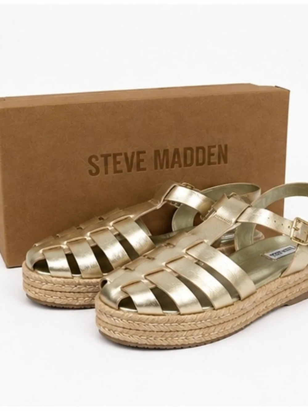 Steve Madden Marlin Gold Leather Platform Espadrille Fisherman Sandals Size 7